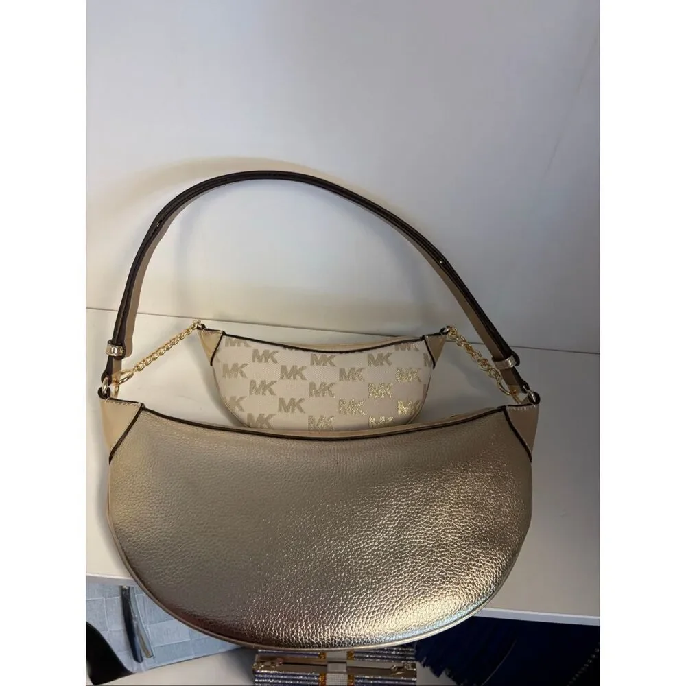 NWT Michael Kors Hollis 2 in 1 Metallic Leather Logo Jaquard Shoulder Bag.